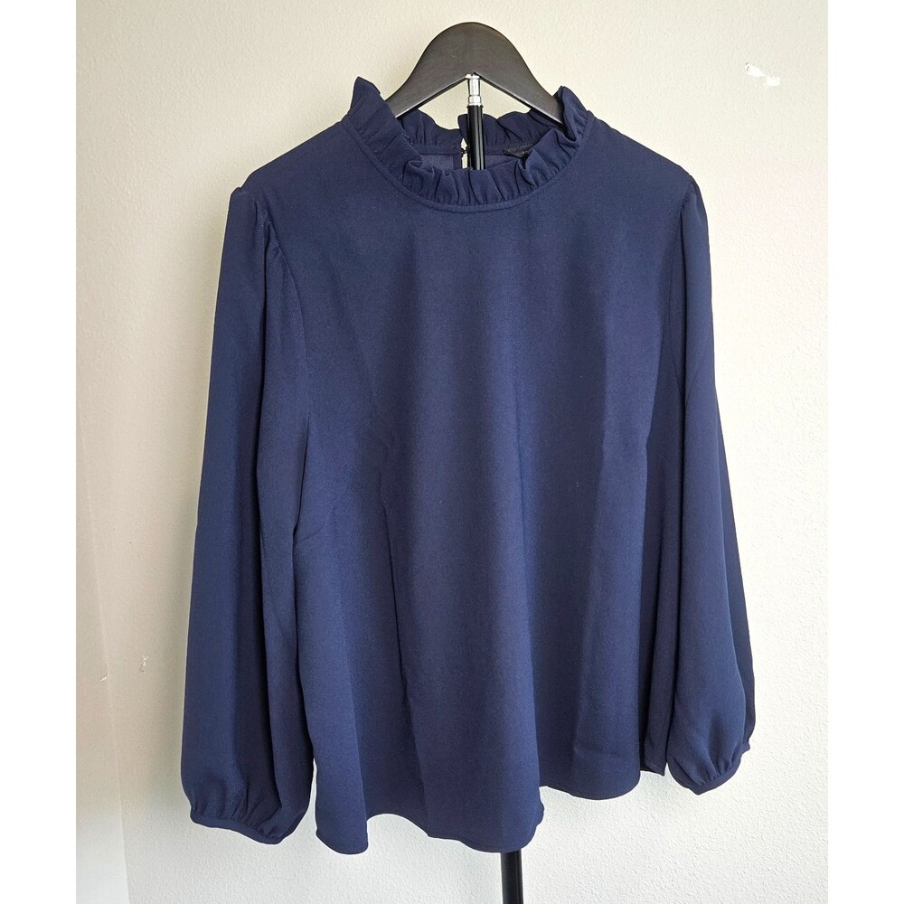 J Crew Womens Blouse 2X Navy Blue Ruffle Neck Long Sleeve Work Office Top Plus